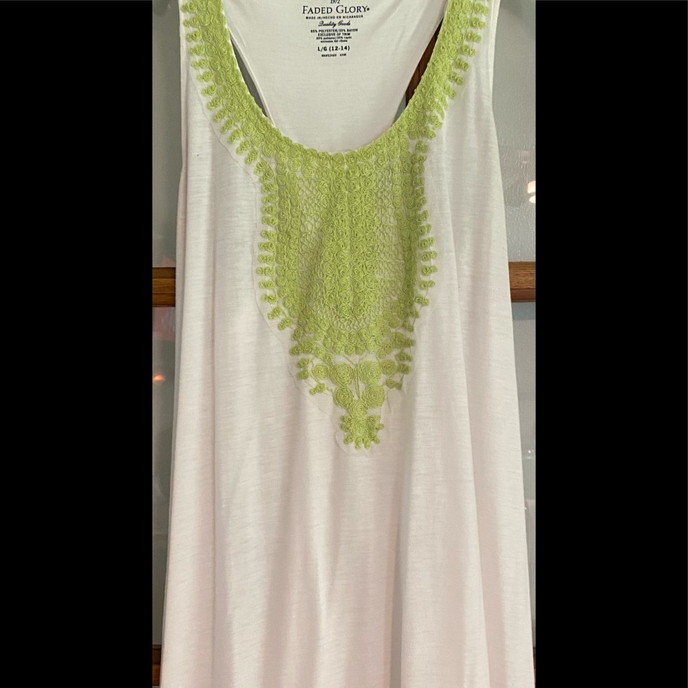 Lime green embroidered tank top.